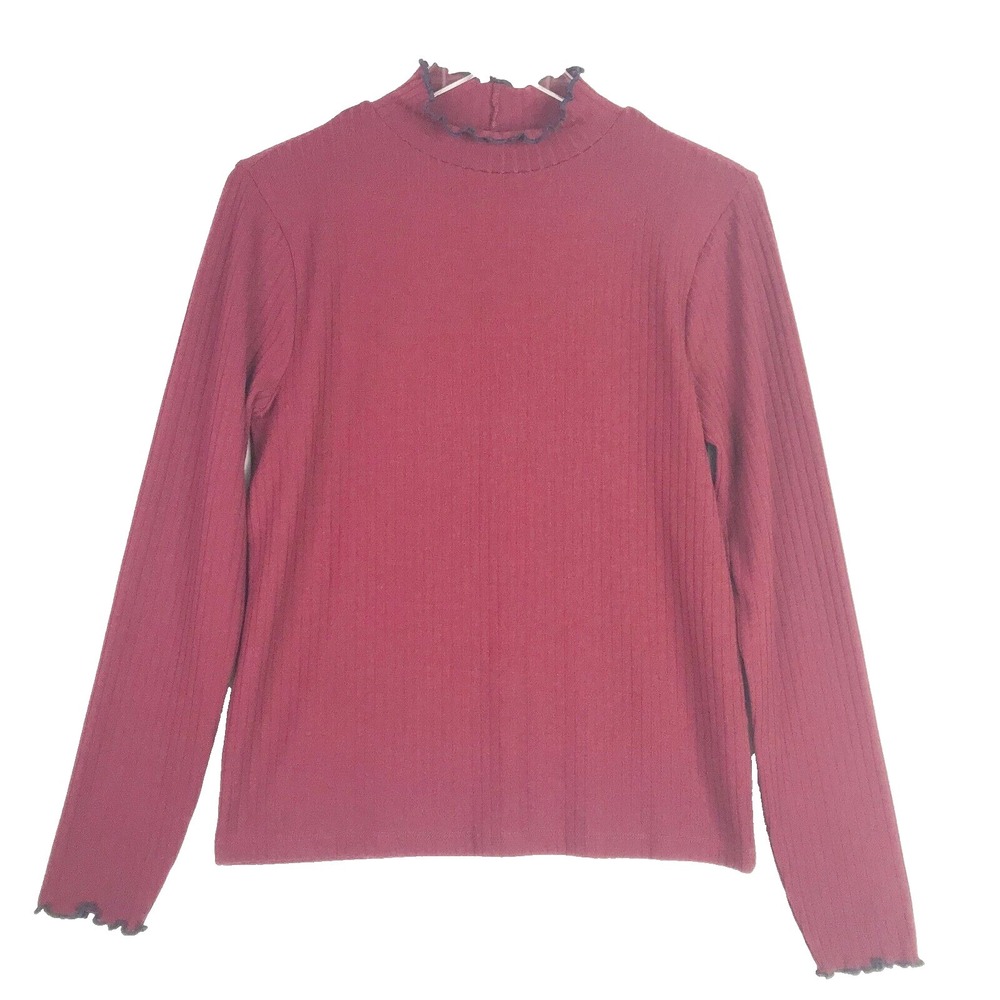 J Crew Top Womens Medium Red Blue Trim Ribbed Stretch Ruffle Mock Neck Preppy